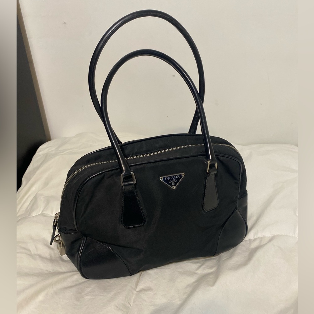 Prada Vitello Trimmed Tessuto Nylon Bowling Bag